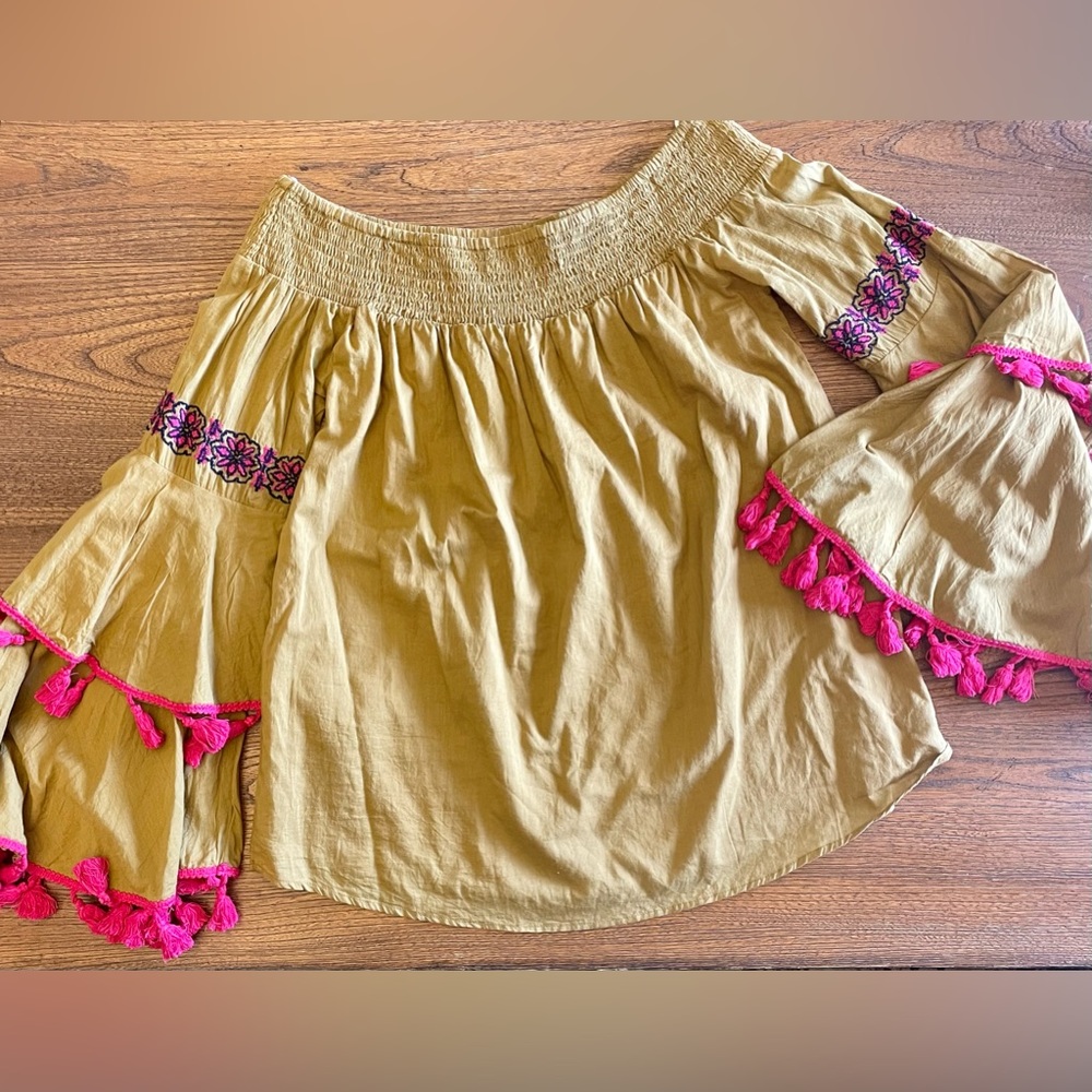 THML Off-The-Shoulder Embroidered Bell Sleeve Top